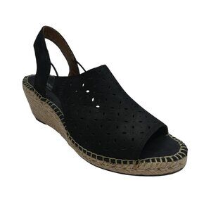 Carks Patrina Gail Black Leather Open Toe Espadrille Wedge Sandals Womens 7.5